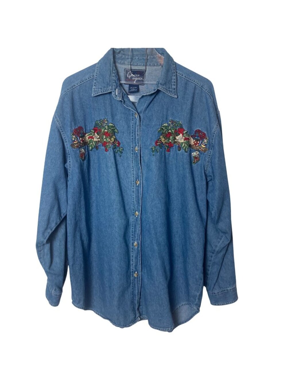 Vintage Christmas Cats Embroidered Denim Shirt Large Womens Button Front